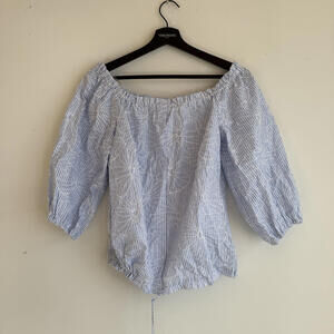 Light Blue and White Striped Off-Shoulder Blouse with Balloon Sleeves